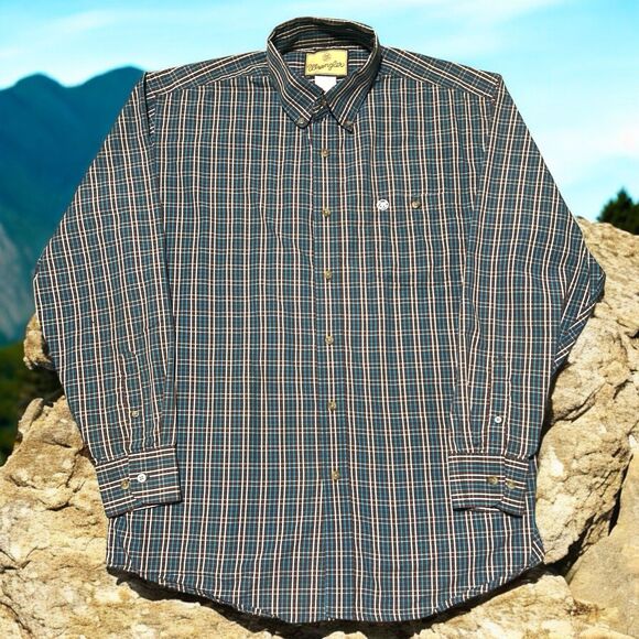 Wrangler Shirt Brown Blue Men’s L Western Plaid Long Sleeve Button Up Rodeo - Picture 1 of 3